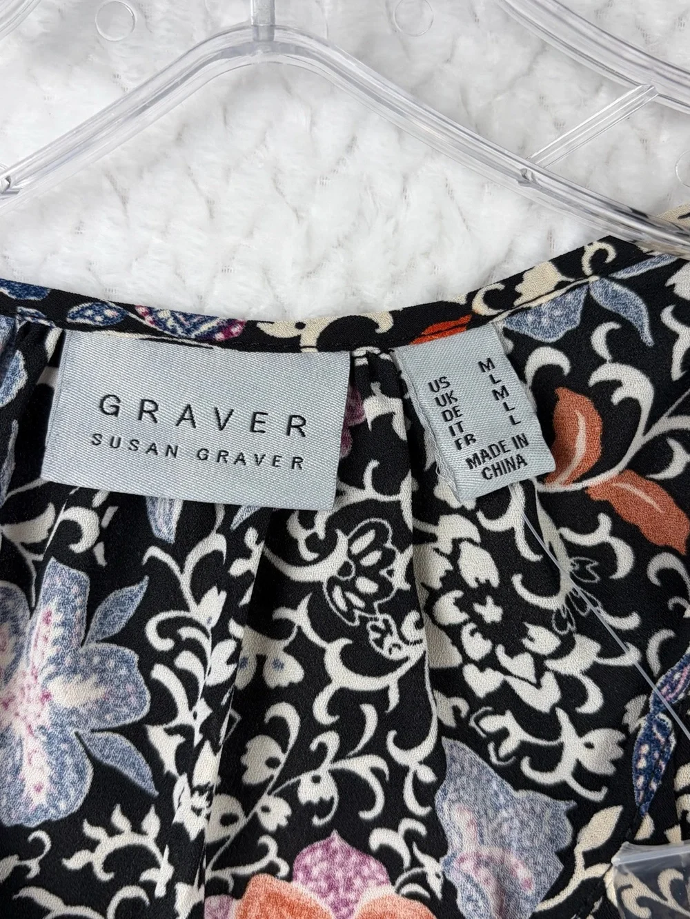 Susan Graver Floral Print Peasant Blouse Long Sleeve Black Multi Tunic Top M - Picture 4 of 10